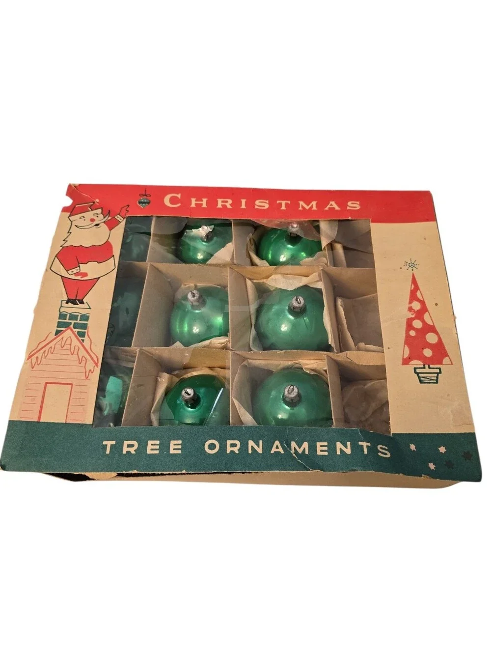 Vintage  Box Of 9 Green Glass  Round Poland Christmas Tree Ornaments READ